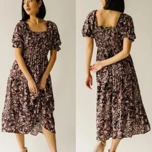 Piper and Scoot Womens Toby Tiered Midi Dress Size XXXL Dark Floral Smocked Puff